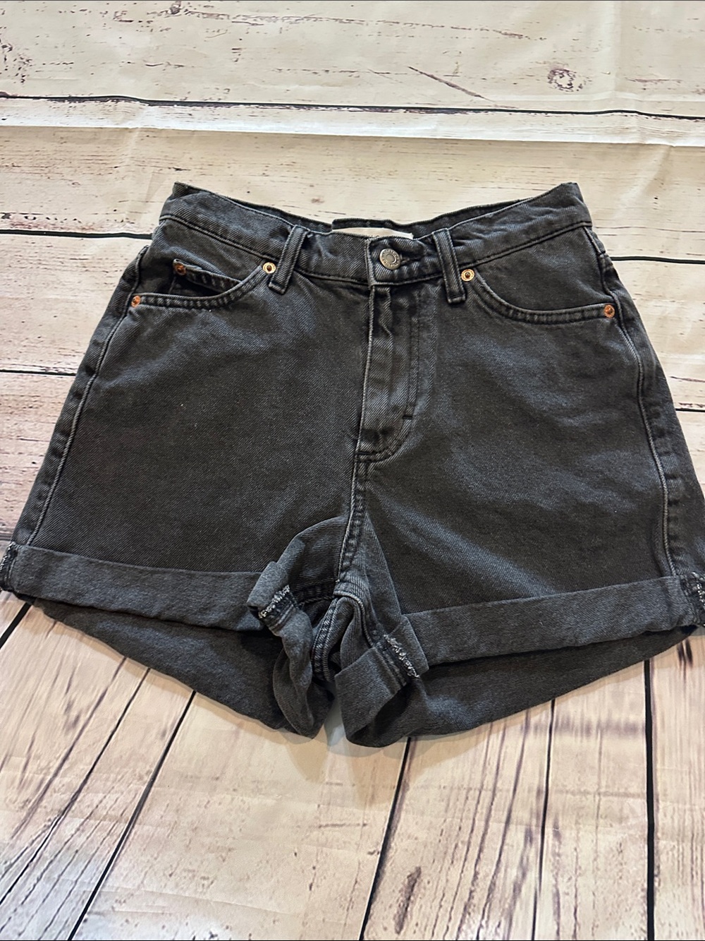 Topshop Black High-Rise Rolled Hem Denim Shorts